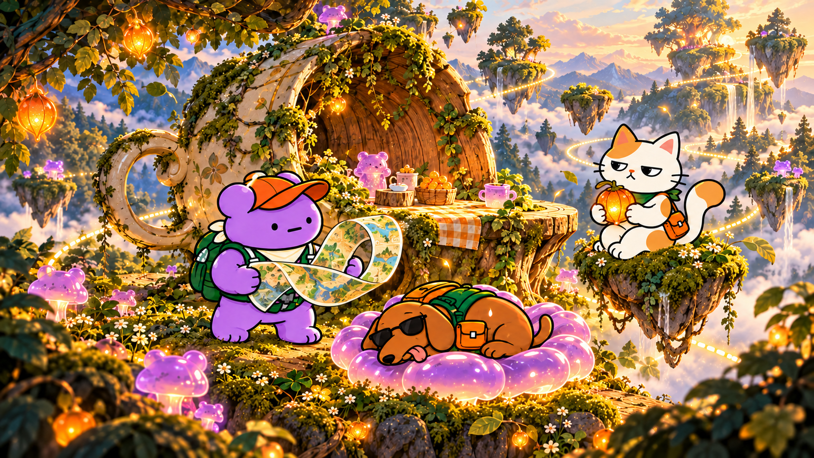 Gumbo studies an impossible map while Dobbo naps on a glowing mushroom and Mimo holds a lantern-fruit on a floating island